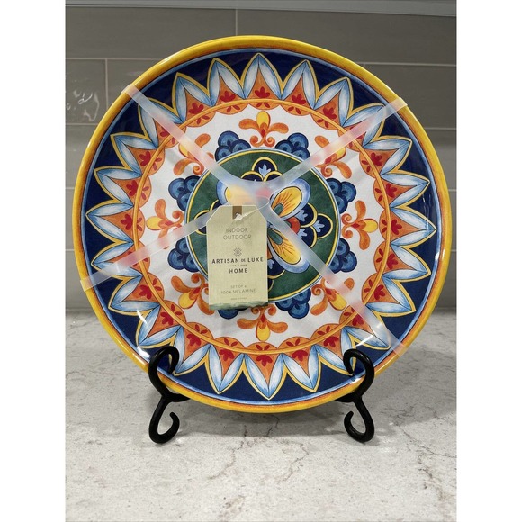 BRIGHT MOSAIC Set of 4 Artisan De Luxe MELAMINE Dinner Plates 11" Outdoor Pool - Picture 1 of 4